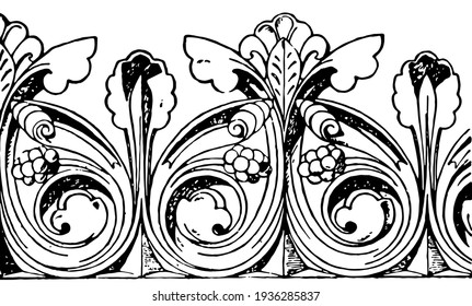 Cresting most Gothic roofs, usually of lead, copper, slate, Repeating Pattern, vintage line drawing or engraving illustration.