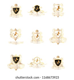 Crests logo set. Vector heraldry royal symbols with gryphons