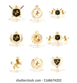 Crests logo set. Vector heraldry royal symbols with gryphons