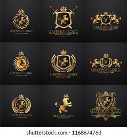 Crests logo set. Vector heraldry royal symbols with gryphons