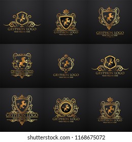 Crests logo set. Vector heraldry royal symbols with gryphons