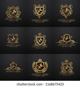 Crests logo set. Vector heraldry royal symbols with gryphons