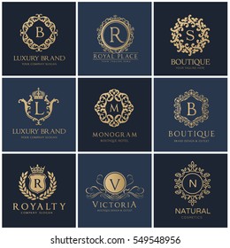 Cristas e conjunto de logotipo de luxo, Royal, Monogram, Hotel e identidade de marca de moda.