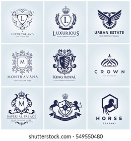 Crests and luxury logo set, Royal, Monogram, Hotel and fashion brand identity.