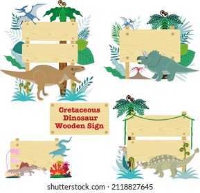 With Cretaceous dinosaurs
A set of illustrations of Mesozoic plants and wood grain signboards