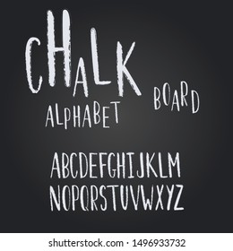 Cretaceous font. Chalk board. Sans serif roman alphabet only in capital letters. Chalk textured alphabet. Vector font on blackboard background.