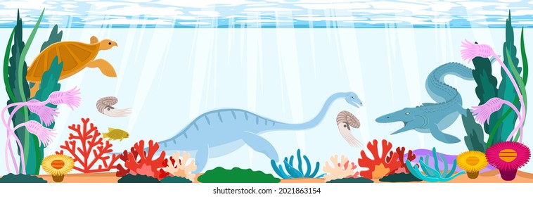 Cretaceous sea dinosaurs. Horizontal background material.