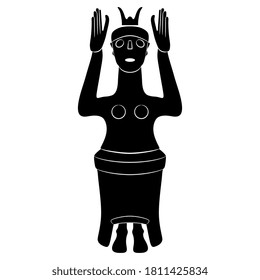 Cretan Minoan sculpture of ancient goddess with raised hands. Great Mother archetype. Black and white silhouette.