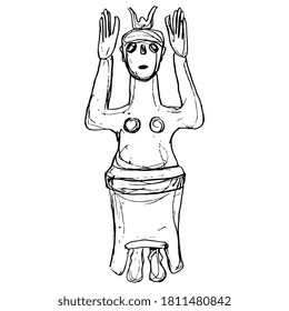 Cretan Minoan sculpture of ancient goddess with raised hands. Great Mother archetype. Hand drawn linear doodle rough sketch. Black silhouette on white background.