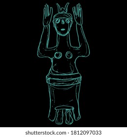Cretan Minoan sculpture of ancient goddess with raised hands. Great Mother archetype. Hand drawn linear doodle rough sketch. Green silhouette on black background.