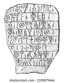 Cretan Writing or linear script originated in palace Gnossus undeciphered hieroglyphs vintage line drawing or engraving illustration.