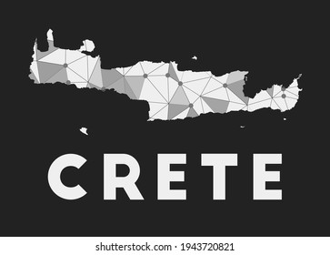 Kreta - Kommunikationsnetzplan der Insel. Kreatives, trendiges geometrisches Design auf dunklem Hintergrund. Technologie, Internet, Netzwerk, Telekommunikationskonzept. Vektorgrafik.