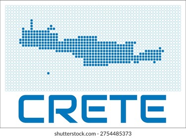 Crete digital style map with blue rounded rectangle dots. Greece. Dotted shape of the island. Crete blue colored map and title on white background. Amazing Vector Illustration.