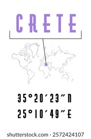 Crete Greece travel destination poster graphic design, or t-shirt design. City coordinates and world map location typography. Creative minimal poster design. Standard A2 A3 A4 paper dimensions.