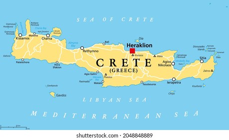 Crete, Greek island, political map, with capital Heraklion. Largest island of Greece and fifth largest in the Mediterranean Sea. With the major Minoan settlements Knossos, Phaistos, Malia and Zakros.