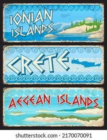 Crete, Ionian and Aegean islands, Greek regions travel stickers and plates, vector tin signs. Greece vintage tourist luggage tags with Greek provinces landmarks and region emblems on metal plates svg