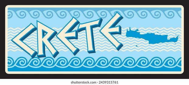Crete island in Greece, Greek territory. Vector travel plate or sticker, vintage tin sign, retro vacation postcard or journey signboard, luggage tag. Souvenir plaque with map and ornaments svg