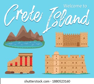 Crete island invitation card vector illustration. Architecture and attractions for tourists. Old buildings of ancient greece. Landscape with mountains and lake. Fortress isolated on blue background