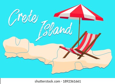Crete island invitation card vector illustration. Beachfront with parasol and sun lounger. Landscape of greece territory with items for recreation at sea. A place for a weekend on the beach