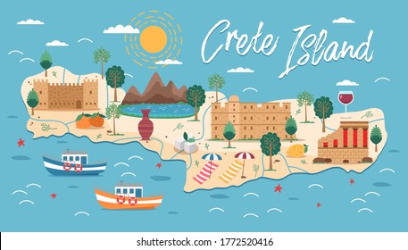 Crete island map with architecture illustration. Crete famous landmarks, city sights. Greece beach landscape. Bay of Chania, Heraklion. Greece Knossos Palace ceremonial and political centre of Minoan svg