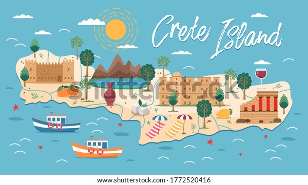 Crete island map with architecture illustration. Crete famous landmarks, city sights. Greece beach landscape. Bay of Chania, Heraklion. Greece Knossos Palace ceremonial and political centre of Minoan