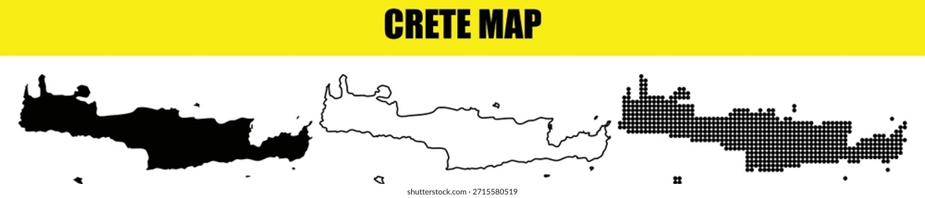 colección del mapa de la isla de Creta con contorno de silueta y vistas pixeladas Estas gráficas adaptables son ideales para blogs de viaje, materiales educativos y contenido visual sobre la geografía griega y las islas.