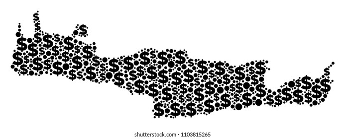 Crete Island map composition of dollar signs and round dots in various sizes. Abstract vector business and GDP Crete Island map.
