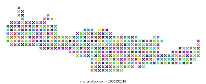 Crete Island map. Vector abstraction of geographic scheme. Regular pattern is organized of x-cross elements in different colors.