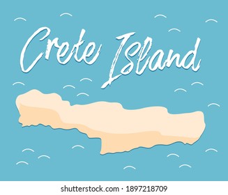 Crete island travel map flat vector illustration. The drawing of the territory of the part of Greece. Terrain map of an island surrounded by sea or ocean waters with an inscription at the top