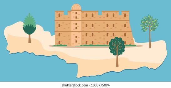 Crete island travel map vector illustration. Medieval fortress with towers surrounded by trees. Terrain map of an island surrounded by sea or ocean waters. Protective divine fortress made of stone