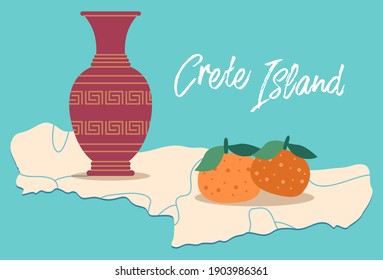 Crete island travel map vector illustration. Traditional symbols of Greece. Clay vase and mandarin. Terrain map of an island surrounded by sea or ocean with an inscription. Crete food and utensils