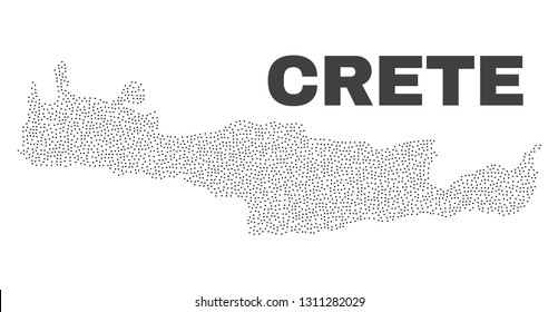 Crete map designed with tiny dots. Vector abstraction in black color is isolated on a white background. Random tiny dots are organized into Crete map. Dotted abstract design for patriotic posters.