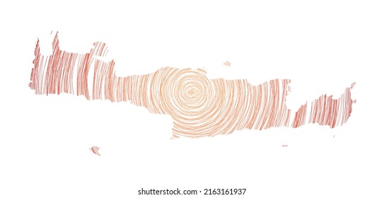 Mapa de creta lleno de círculos concéntricos. Esbozar círculos de estilo en forma de la isla. Ilustración vectorial.