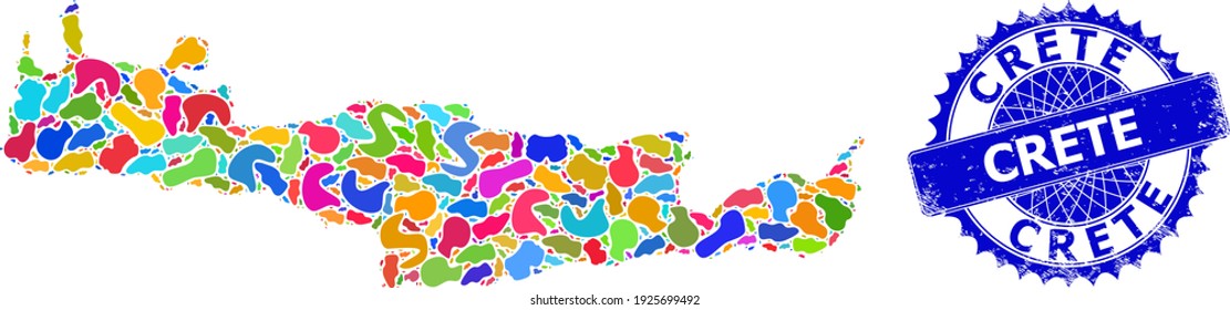 Crear una ilustración plana de mapa. Mapa de mosaicos y placa angustiada para Creta. Marca azul rosetón nítida con etiqueta para mapa de Creta. Mapa de creta de vector mosaico creado con salpicaduras brillantes aleatorias.