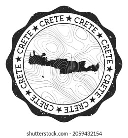 Crete outdoor stamp. Round sticker with map of island with topographic isolines. Vector illustration. Can be used as insignia, logotype, label, sticker or badge of Crete.