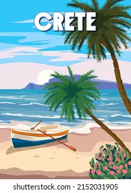 Crete Poster Travel, Greek seascape, beach, palms, boat, poster, Mediterranean landscape. Vintage style svg