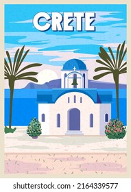Crete Poster Travel, Greek white church with blue roofs, poster, old Mediterranean European culture and architecture svg