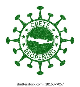 Crete Reopening Stamp. Green round badge of island with map of Crete. Island opening after lockdown. Vector illustration.