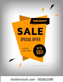 Cretive sale banner. Orange discount poster on a abstract gray background. Special offer, 50% off badge. Elements for web design, advertising and promotion, eps10