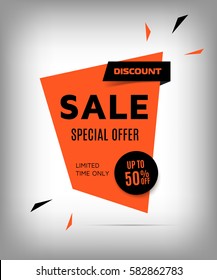 Cretive sale banner. Red discount poster on a abstract gray background. Special offer, 50% off badge. Elements for web design, advertising and promotion, eps10