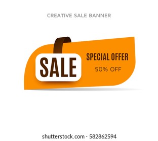 Cretive Sale Banner With Shadow On A White Background. Orange Sticker Or Discount Label. Web Special Offer Tag. Vector Promotion Poster, Badge Template, Eps10