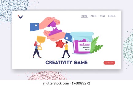 Cretivity Game Landing Page Template. Tiny Children Characters with Forms for Playing with Kinetic Magic Sand Having Fun, Fine Motor Skills Development, Amusement. Cartoon People Vector Illustration