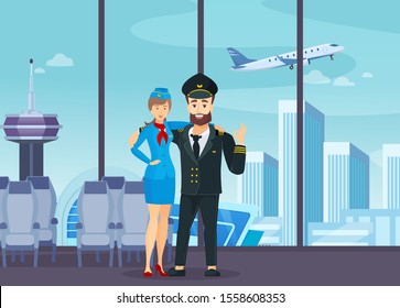 Crew airplane plane captain and stewardess in uniform standing together with flying airplane of terminal window on background of city high-rise buildings, skyscrapers cartoon vector illustration.