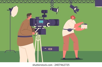 Crew Characters with Clapperboard and Camera in A Film Studio, Engage in Movie Filming Process, Capturing Scenes