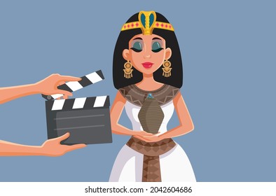 Crew Filming a Cleopatra Artistic Movie Vector Cartoon. Beautiful female protagonist starring in biopic historical drama
