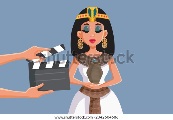 Crew\
Filming a Cleopatra Artistic Movie Vector Cartoon. Beautiful female\
protagonist starring in biopic historical\
drama\
