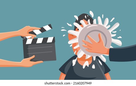 
Crew Filming a Comedy Prank Show for TV Vector Cartoon Illustration. Comedian shooting a vintage style cinematographic scene in a motion picture

