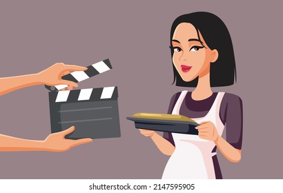 
Crew Filming a Culinary Show with Amateur Cooks Vector Cartoon Illustration. Housewife reality show making off behind of scenes of a TV programme
