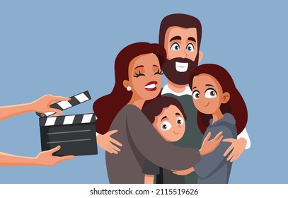 
Crew Filming a Family Show Vector Cartoon Illustration. Couple with kids filming a scene in television production based on real events
