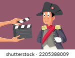 
Crew Filming Historical Artistic Movie Vector Cartoon Illustration. Actor starring in a French revolution film rehearsing a scene in costume
